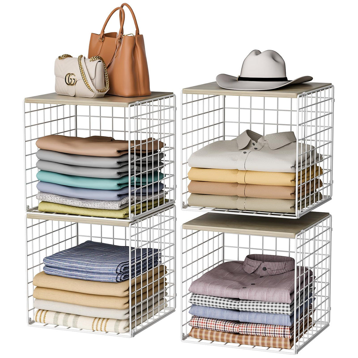 Hencawima wood-top closet organizer stackable 4-pack with sturdy top surface.