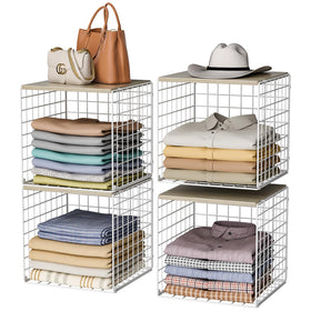 Hencawima wood-top closet organizer stackable 4-pack with sturdy top surface.