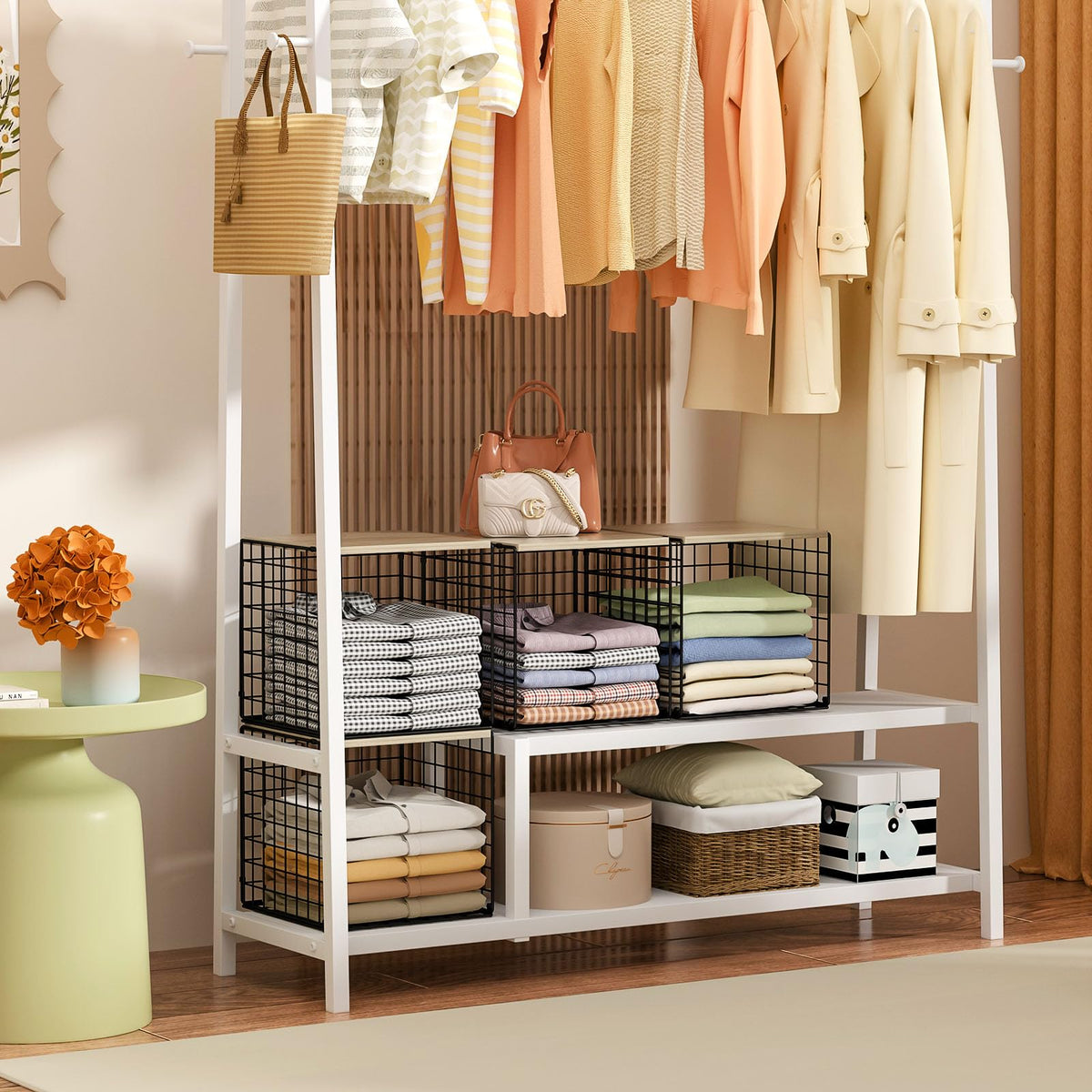 Hencawima wood-top organizer displaying bags and decor on the top shelf.