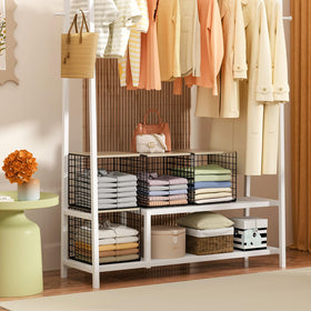 Hencawima wood-top organizer displaying bags and decor on the top shelf.