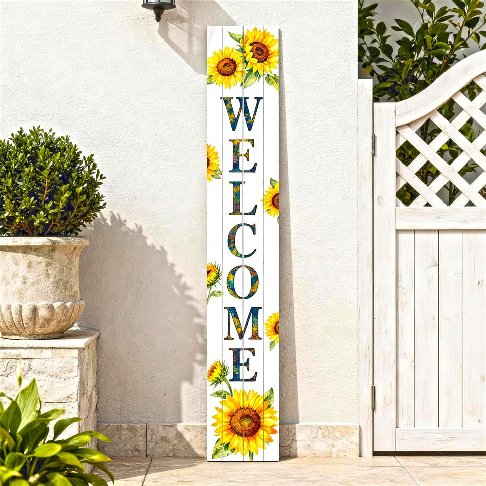 Hentonwell vertical sunflower welcome sign on porch enhances curb appeal
