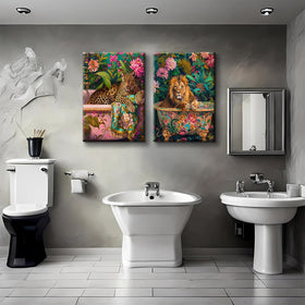 Henzuhaeeg bathroom leopard wall art: lion on tub with florals brightens spaces