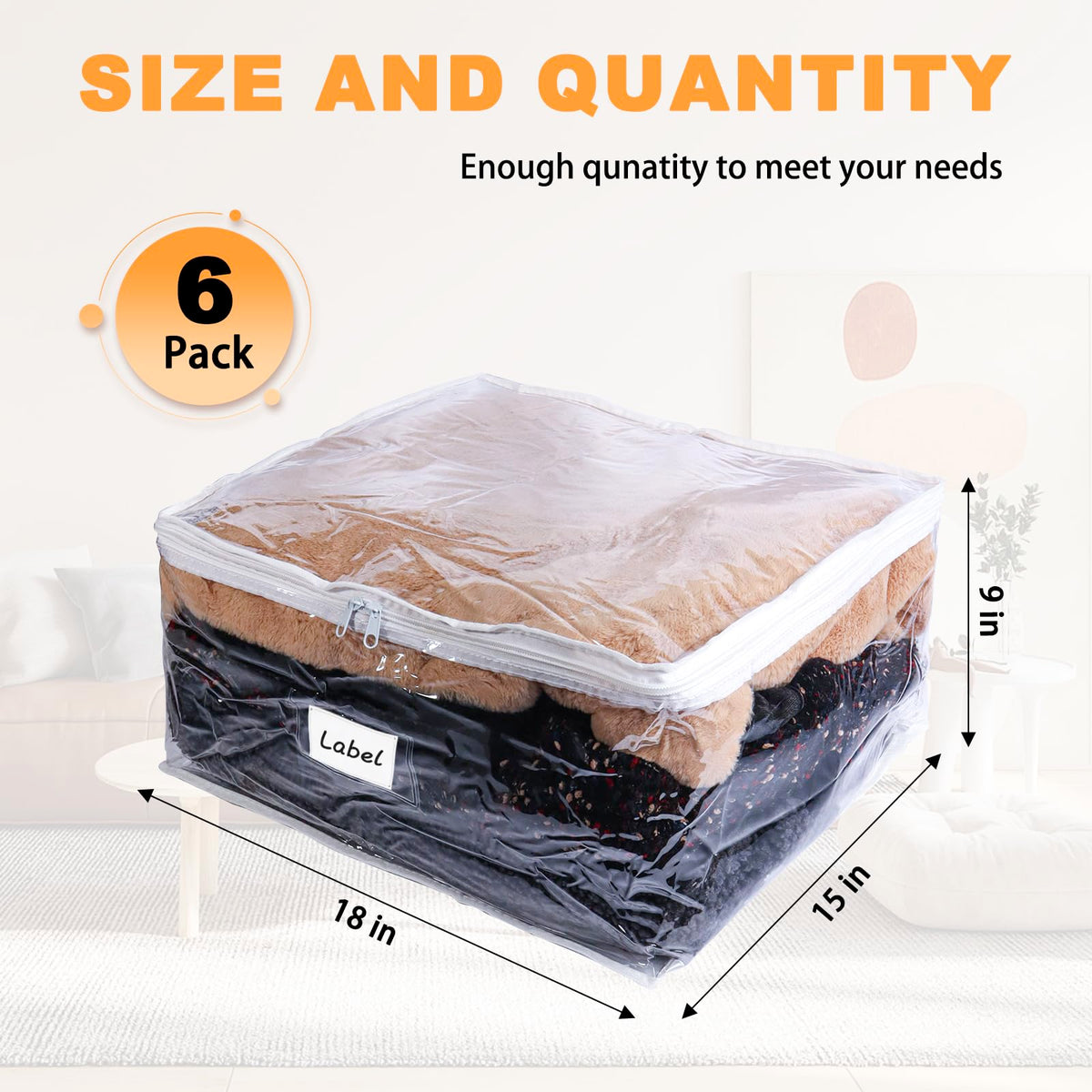 Heonay 6-pack clear bags for blankets keeps bedding neatly organized.