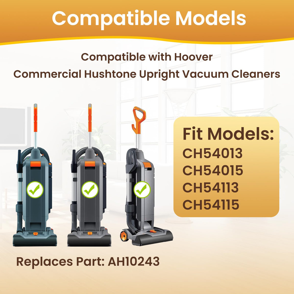 HeptaFiltra AH10243 20-pack bags compatibility with CH54013 CH54015 upright vacuums showcased.