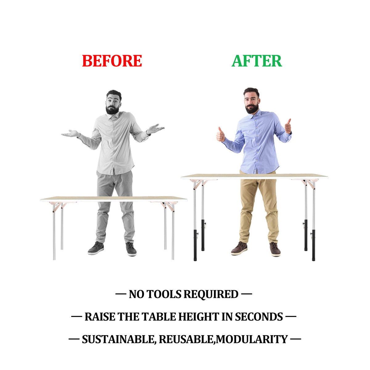 Herbert-fty table leg extension showing straight and bent leg compatibility for versatility.