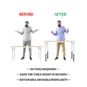 Herbert-fty table leg extension showing straight and bent leg compatibility for versatility.