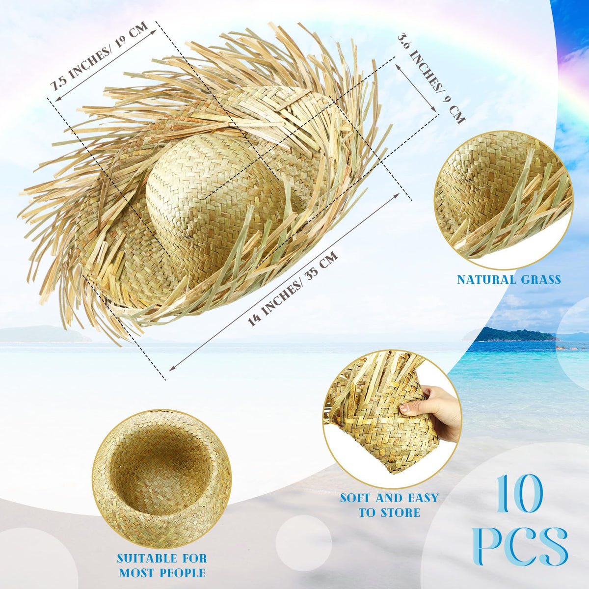 Hercicy luau hat closeup, natural straw material and breathable design.