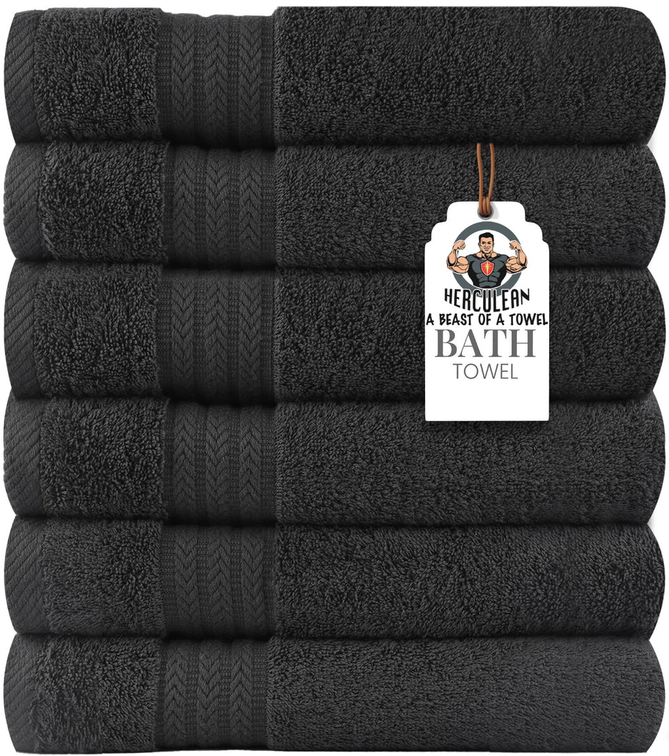 Herculean large bath towel folded in charcoal grey showing full coverage and softness.