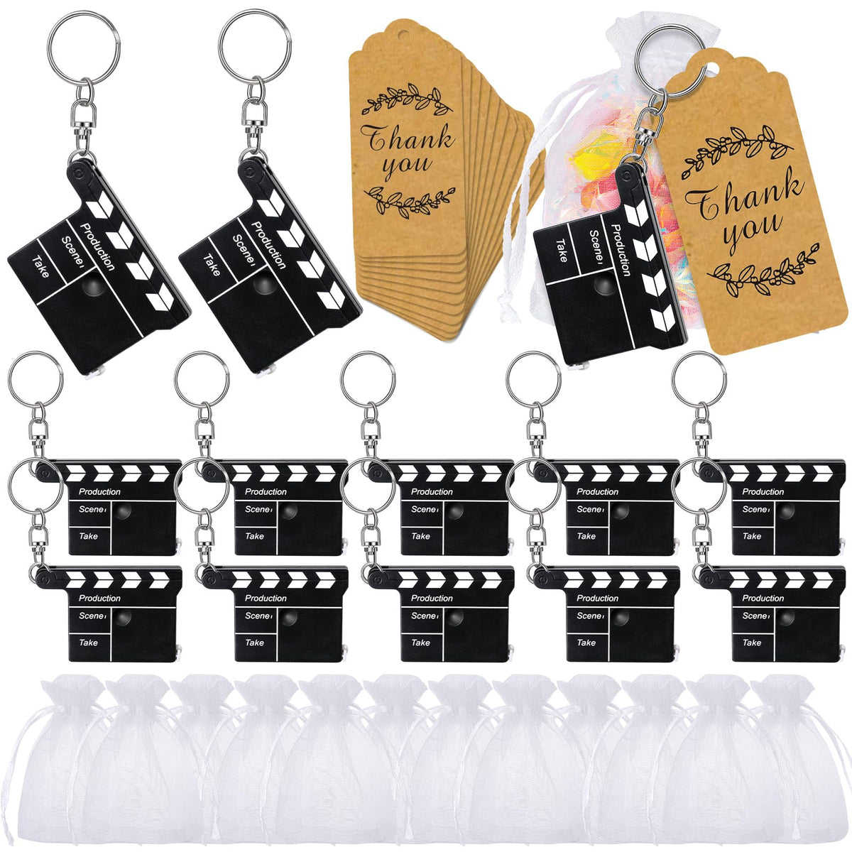Herdear film-clapboard-keychain close-up with retractable measuring tape, ideal party favors.