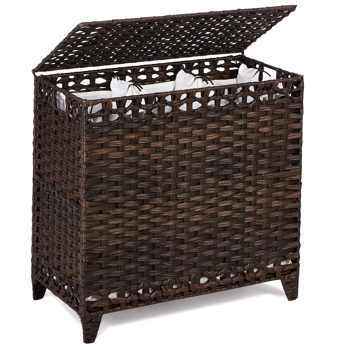 Hermina laundry hamper with 3 removable liner bags for easy color-based sorting.