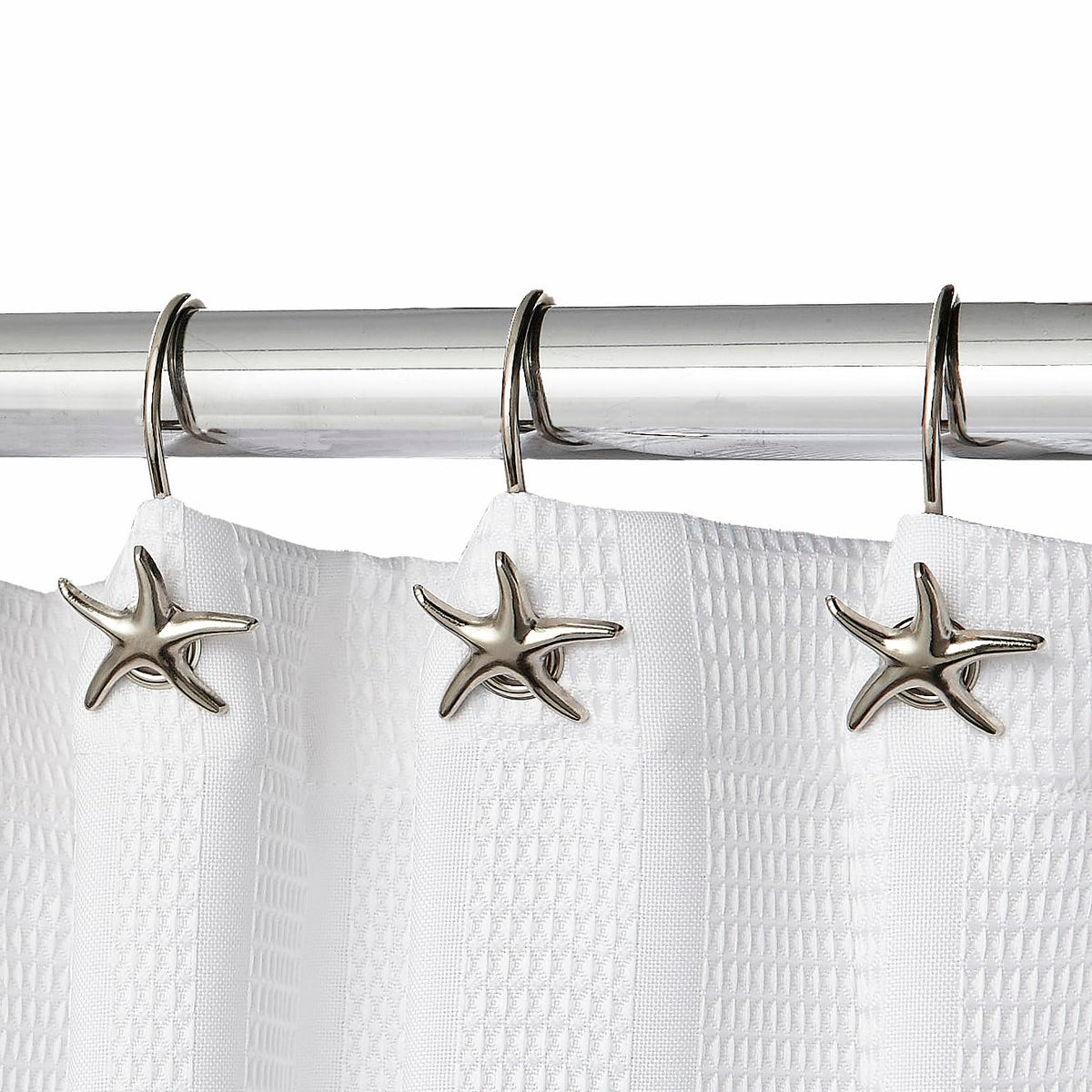 Hermosa Collection starfish shower hook 12pack chrome finish for rust-resistant coastal bathroom decor.