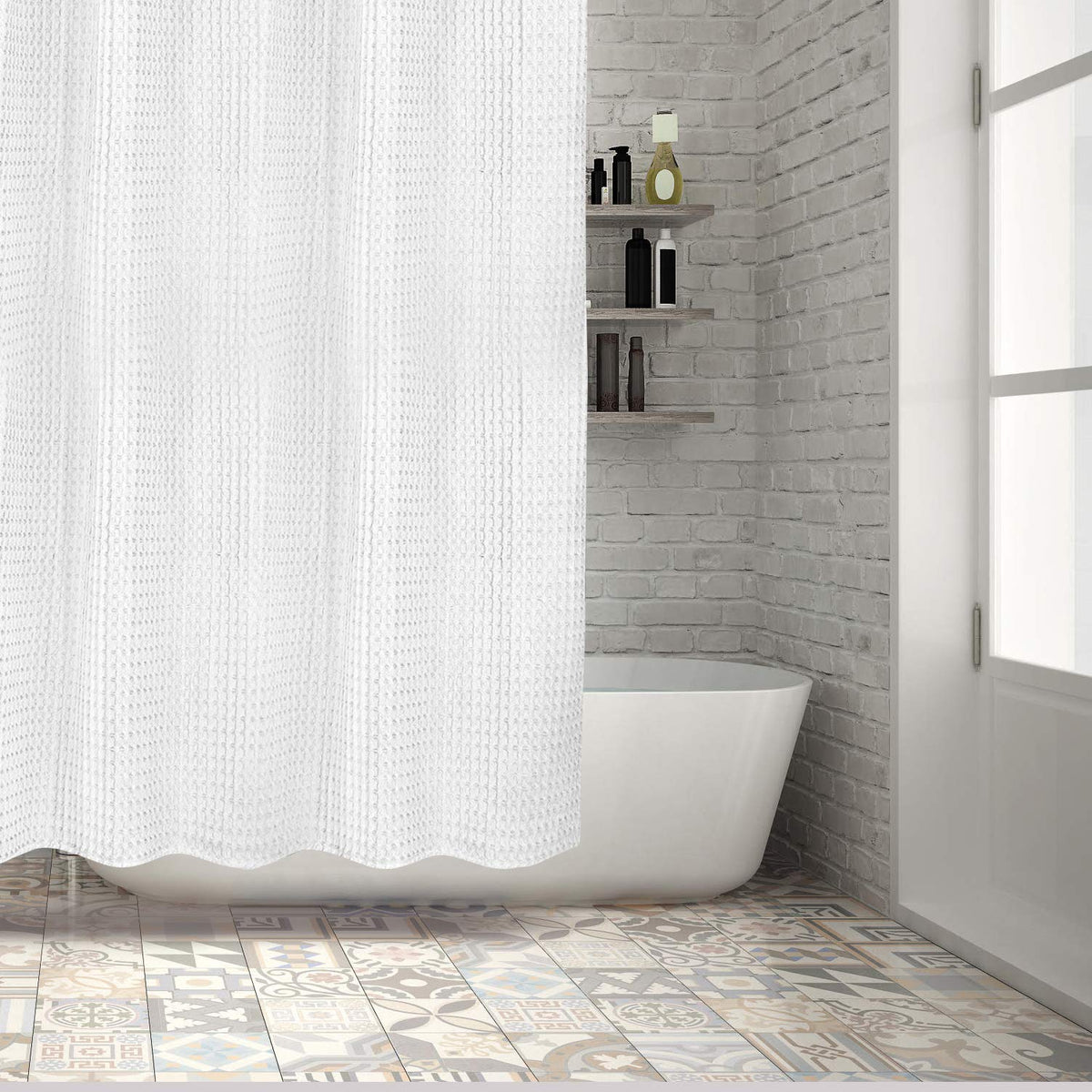 Hermosa Collection white waffle curtain showing textured fabric for spa-like bathroom ambiance.