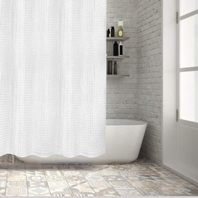 Hermosa Collection white waffle curtain showing textured fabric for spa-like bathroom ambiance.