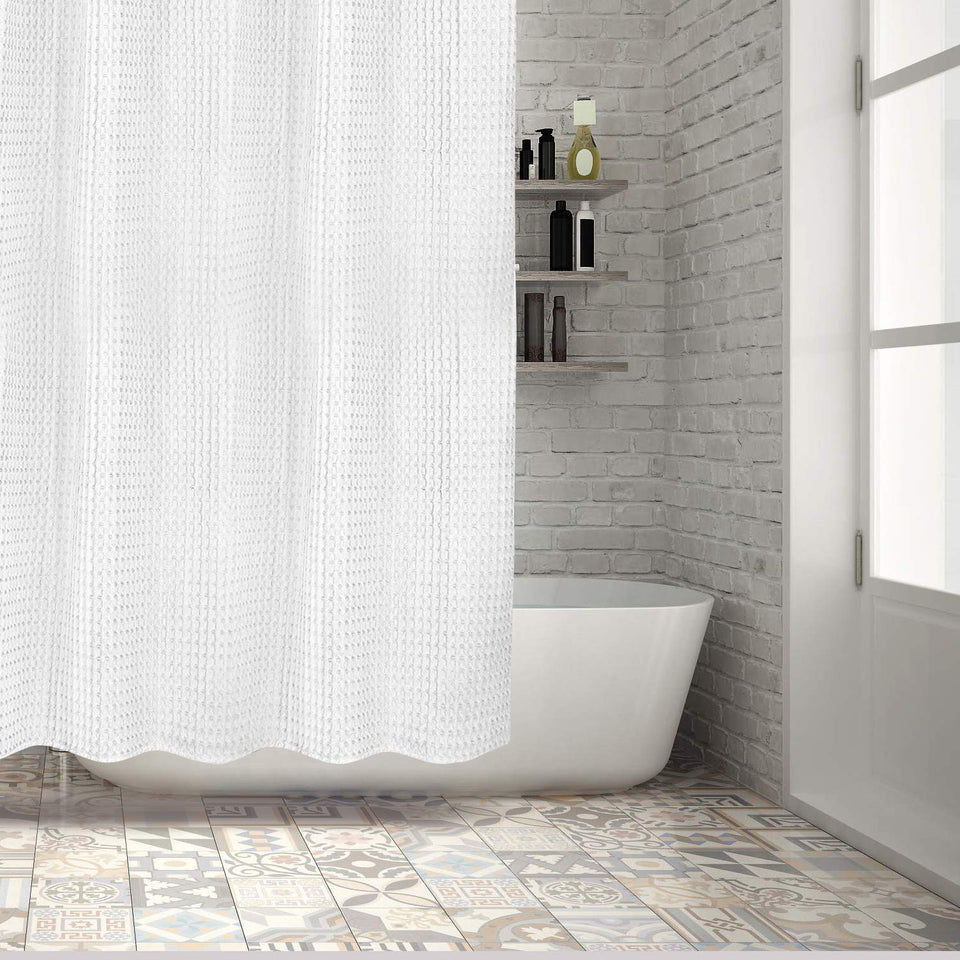 Hermosa Collection white waffle curtain showing textured fabric for spa-like bathroom ambiance.