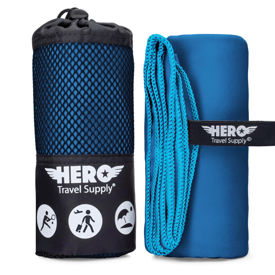 Hero Travel Supply blue microfiber towel in compact drawstring pouch for travel.