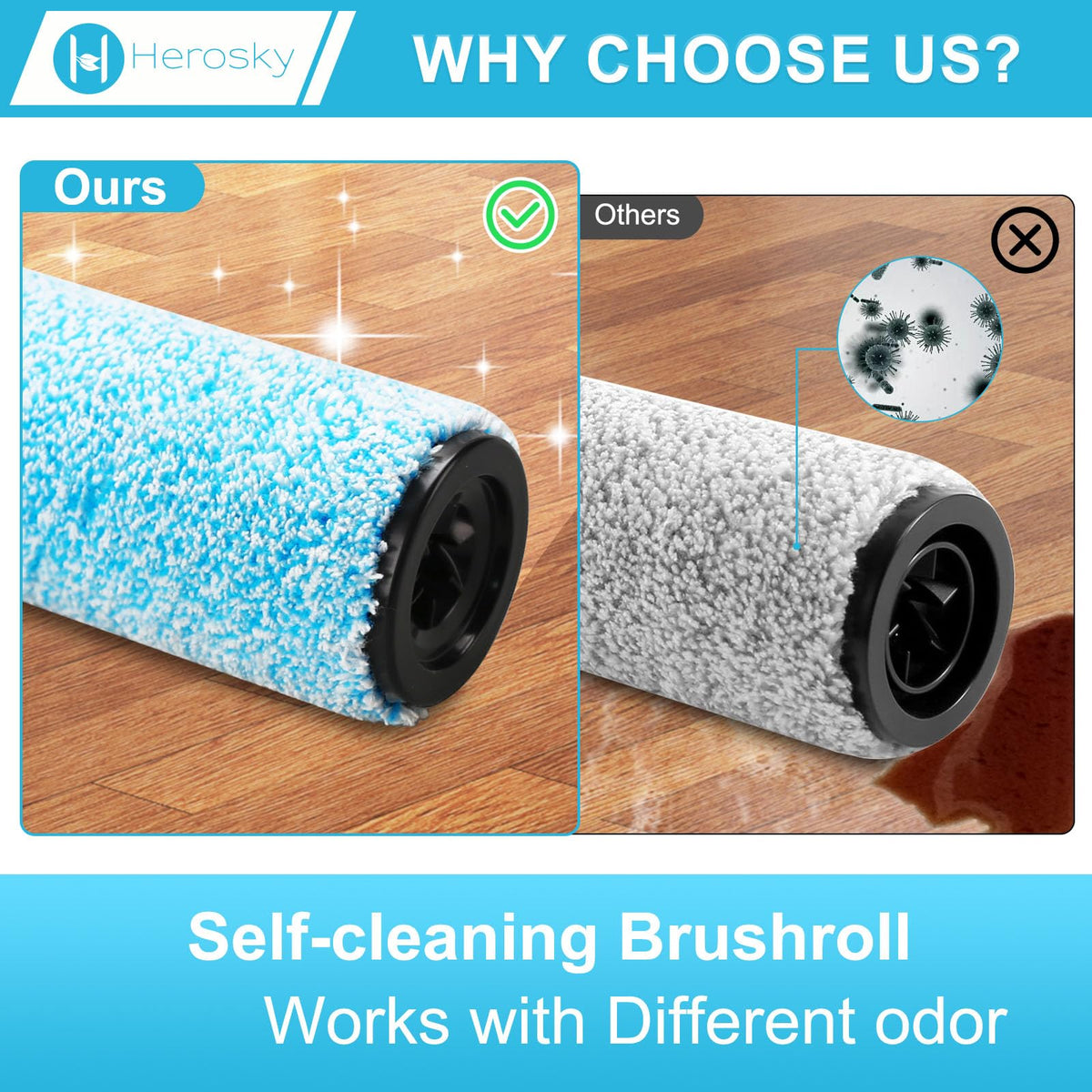 Herosky HydroVac brushroll compatibility aids multi-surface cleaning across floors.