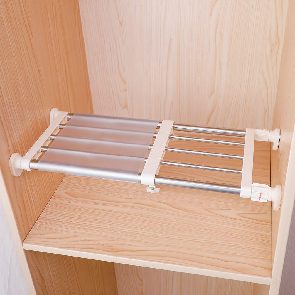 Hershii closet tension shelf expandable shows tool-free length adjustment for wardrobe organization.