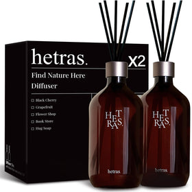 Hetras Premium Reed Diffuser bottle showcases Black Cherry scent, enriching living room ambiance.