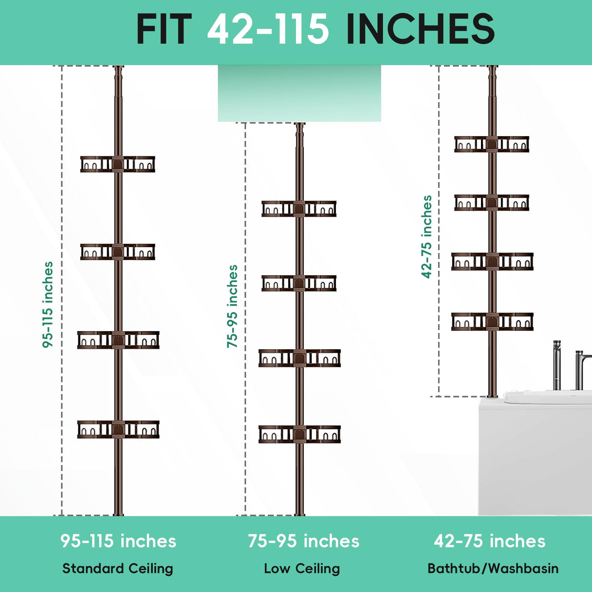 HEVEL adjustable-height pole demonstrates flexible shelf layout for large bottles.