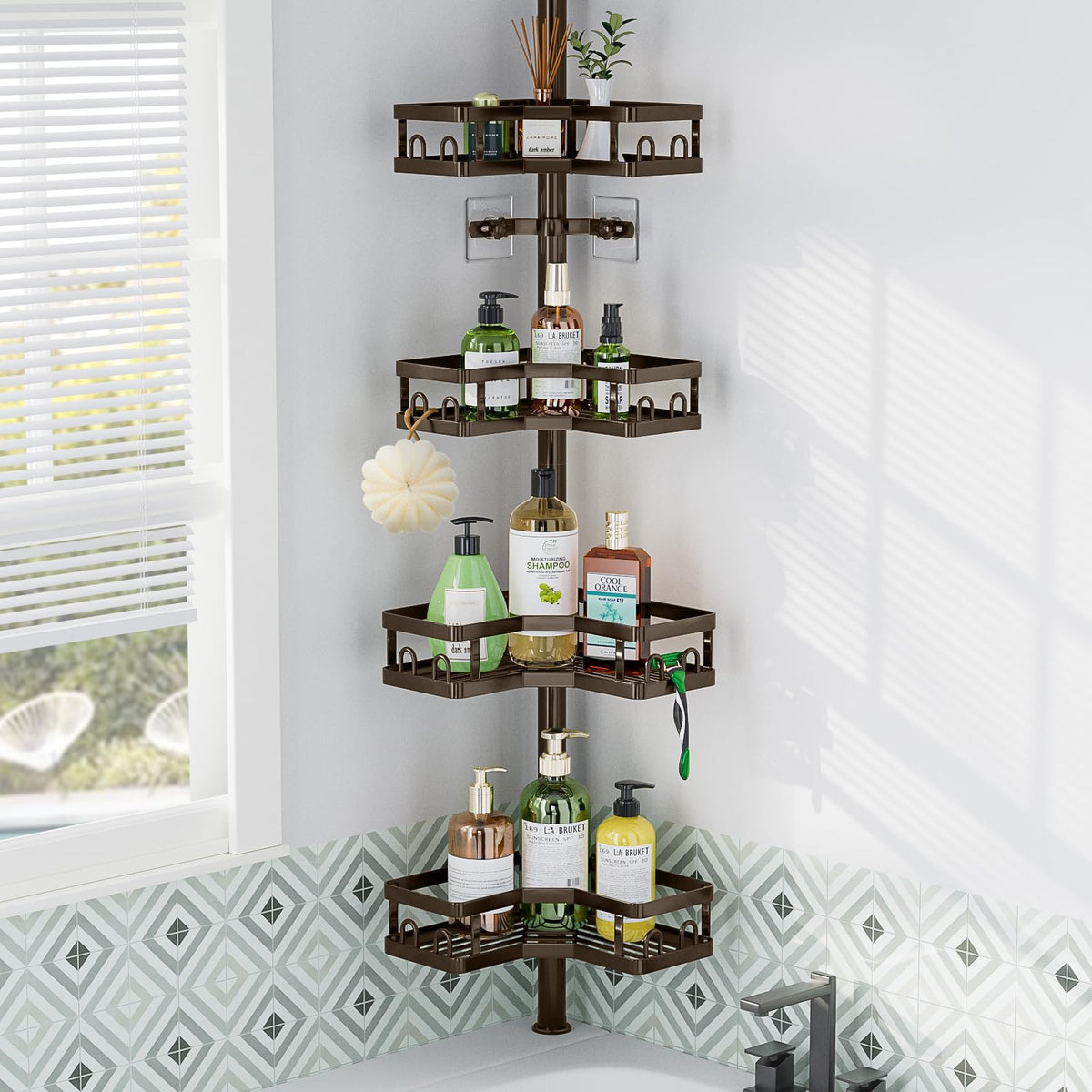 HEVEL bronze corner shower caddy with tension pole for corner storage.