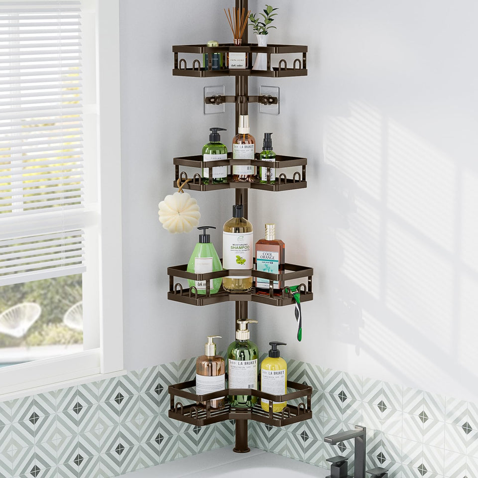 HEVEL bronze corner shower caddy with tension pole for corner storage.