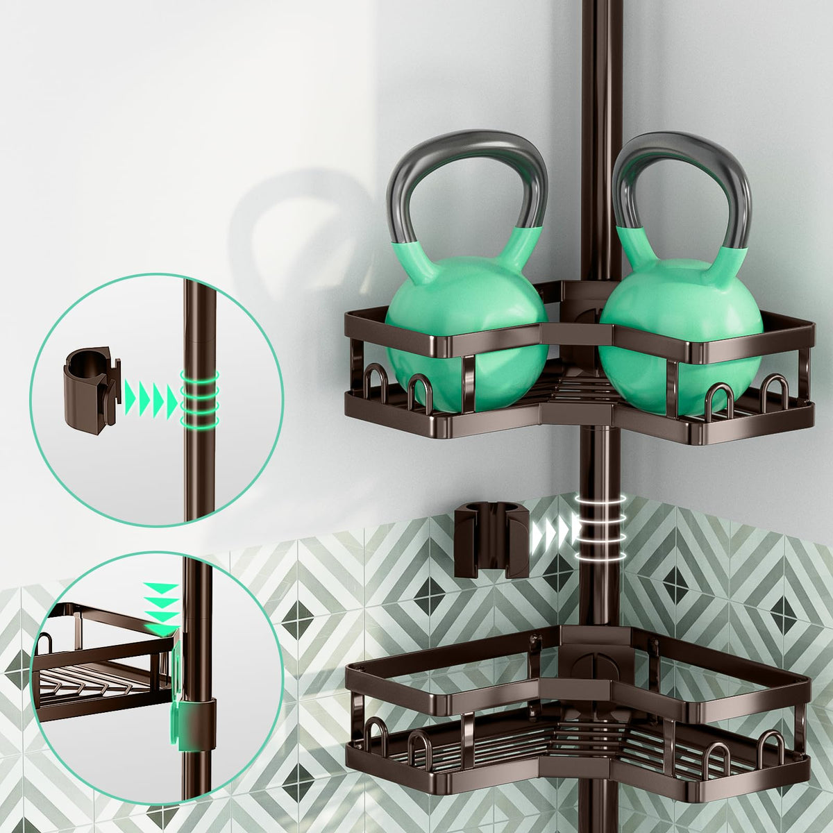 HEVEL four-tier rack keeps toiletries neatly organized.