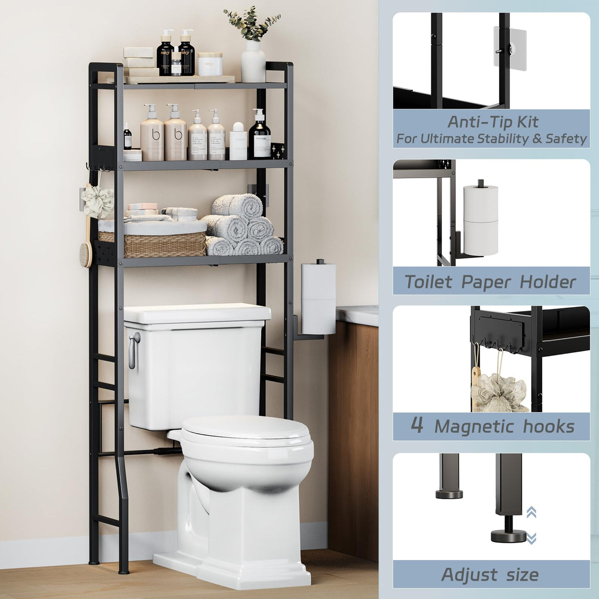 HEVONTIXAL three-tier organizer with four magnetic hooks for accessories.