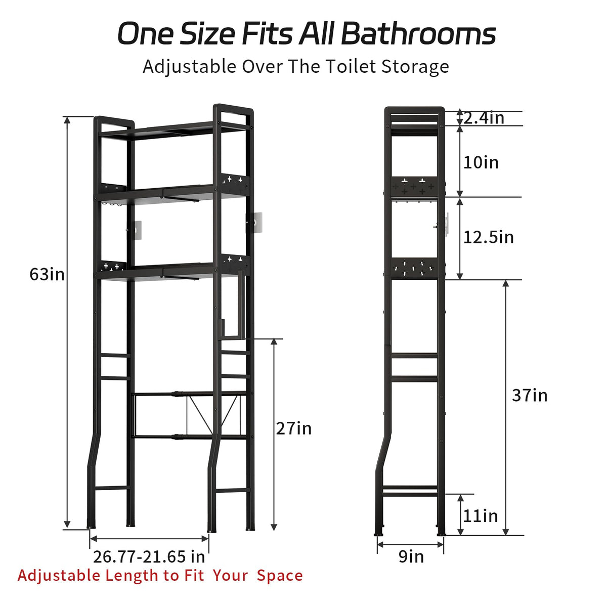 HEVONTIXAL adjustable-width bathroom shelf fits tight spaces.
