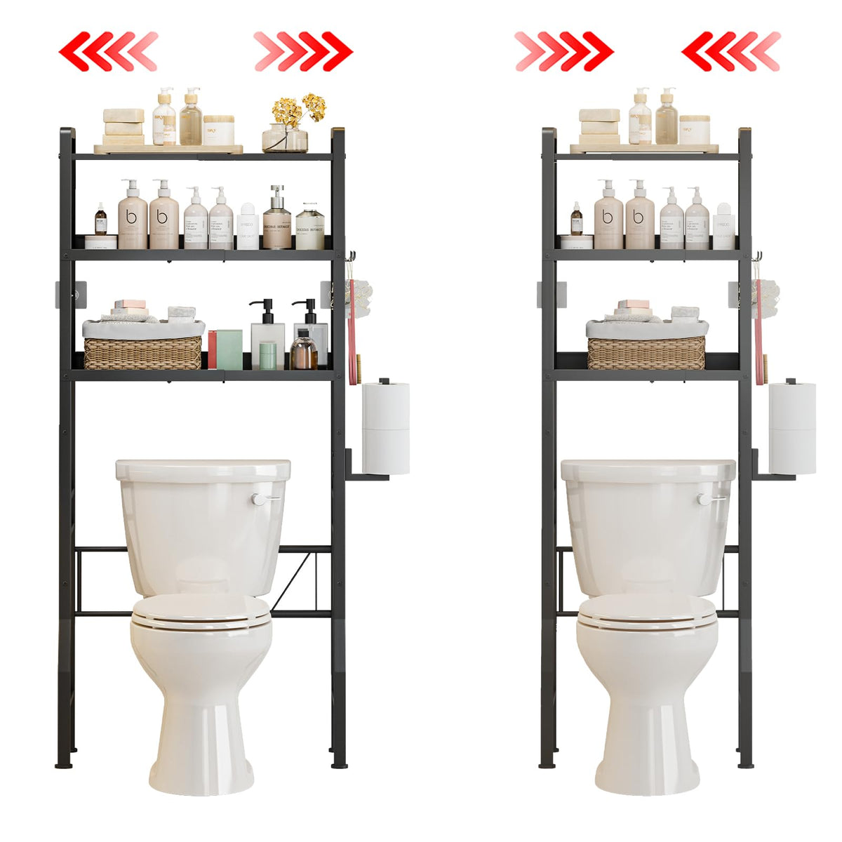 HEVONTIXAL over-the-toilet shelf offers three-tier storage, freeing bathroom space.