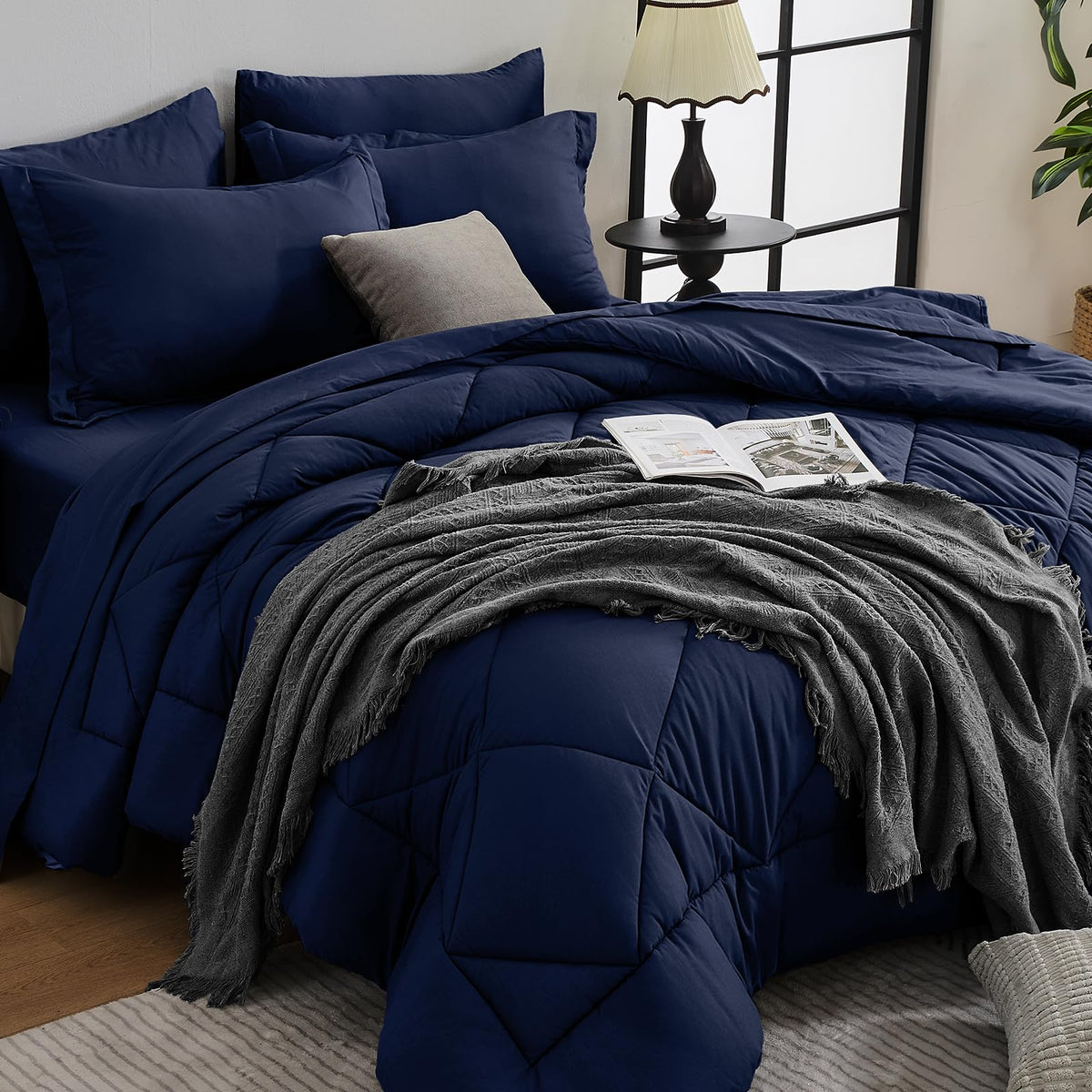 HEVUMYI Navy Blue Queen Comforter Set packaging highlights premium quality and easy unboxing