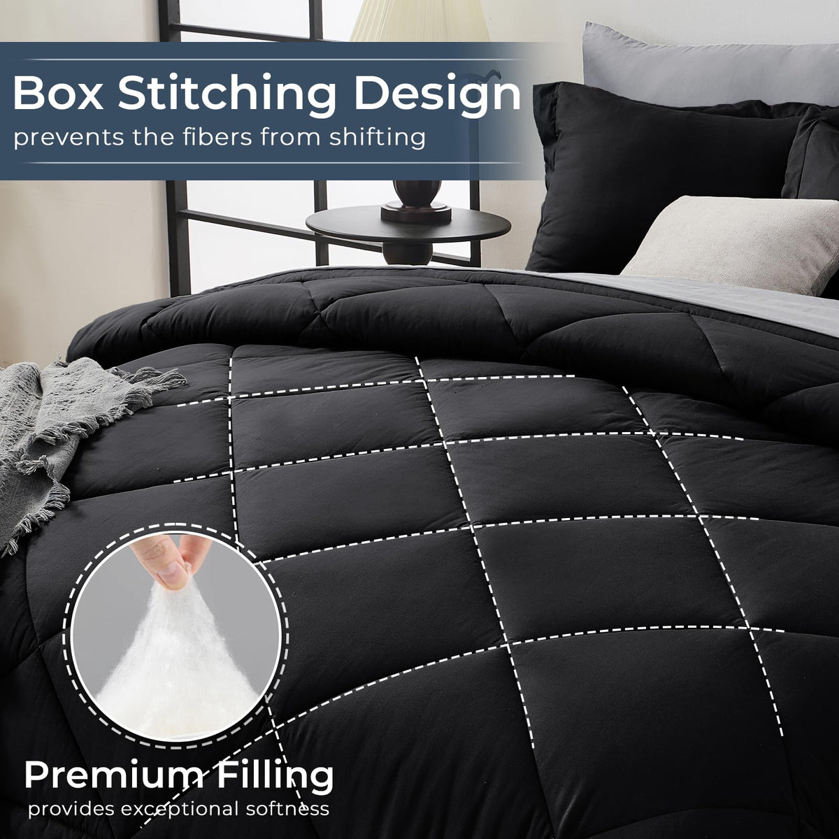 HEVUMYI Queen Comforter Set 360-degree fitted sheet demonstrates deep pocket compatibility.