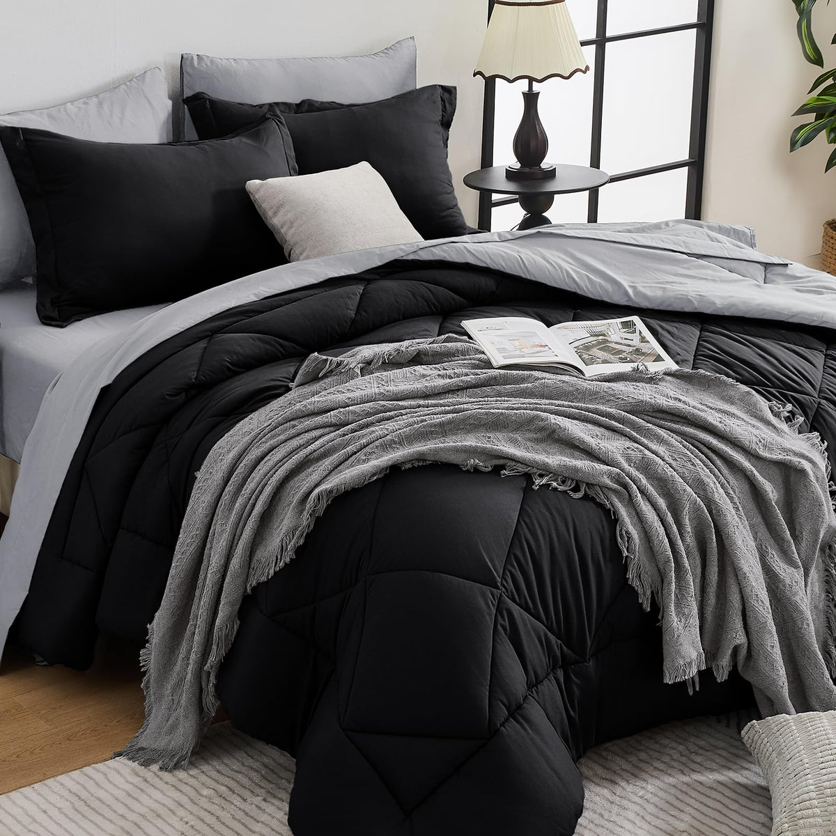 HEVUMYI Queen Comforter Set packaging showcases premium quality and easy setup.