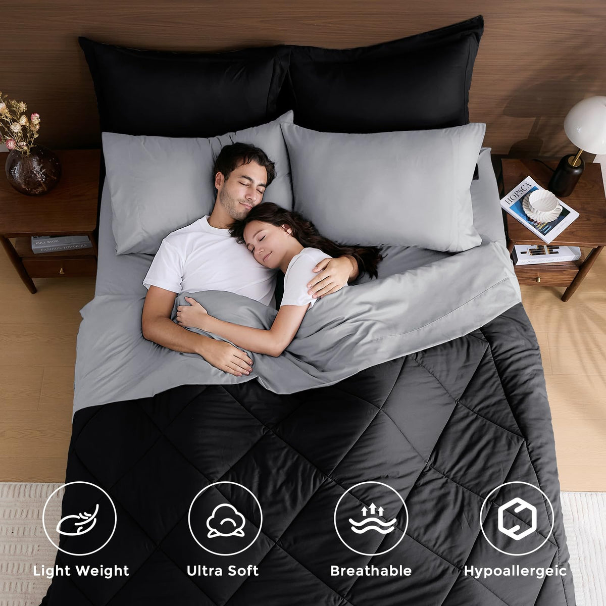 HEVUMYI Queen Comforter Set soft fabric close-up highlights cloud-soft feel.