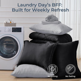 HEVUMYI Queen Comforter Set care guide illustrates easy machine washing.
