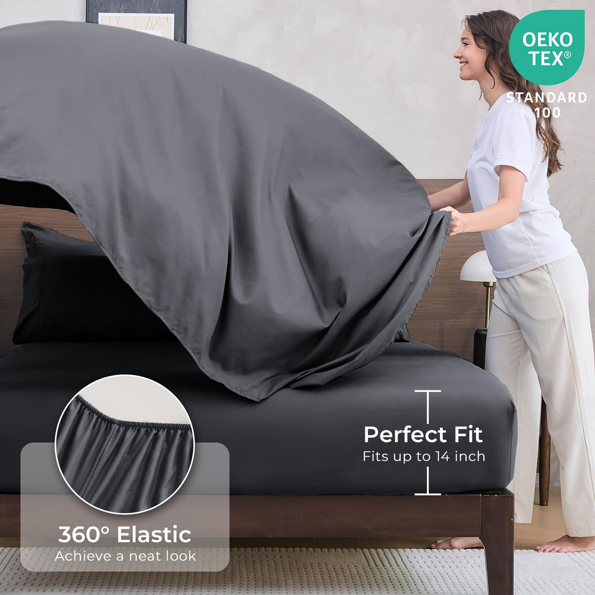 HEVUMYI comforter set in dark grey complements modern bedroom styling.