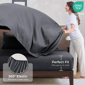 HEVUMYI fitted sheet king 14-inch pocket ensures secure mattress fit.
