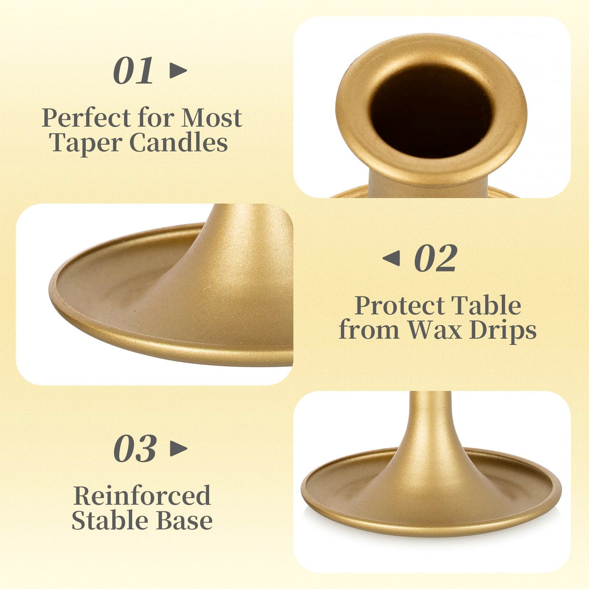 Hewory brass candlestick holders with small bases adding stability and surface protection