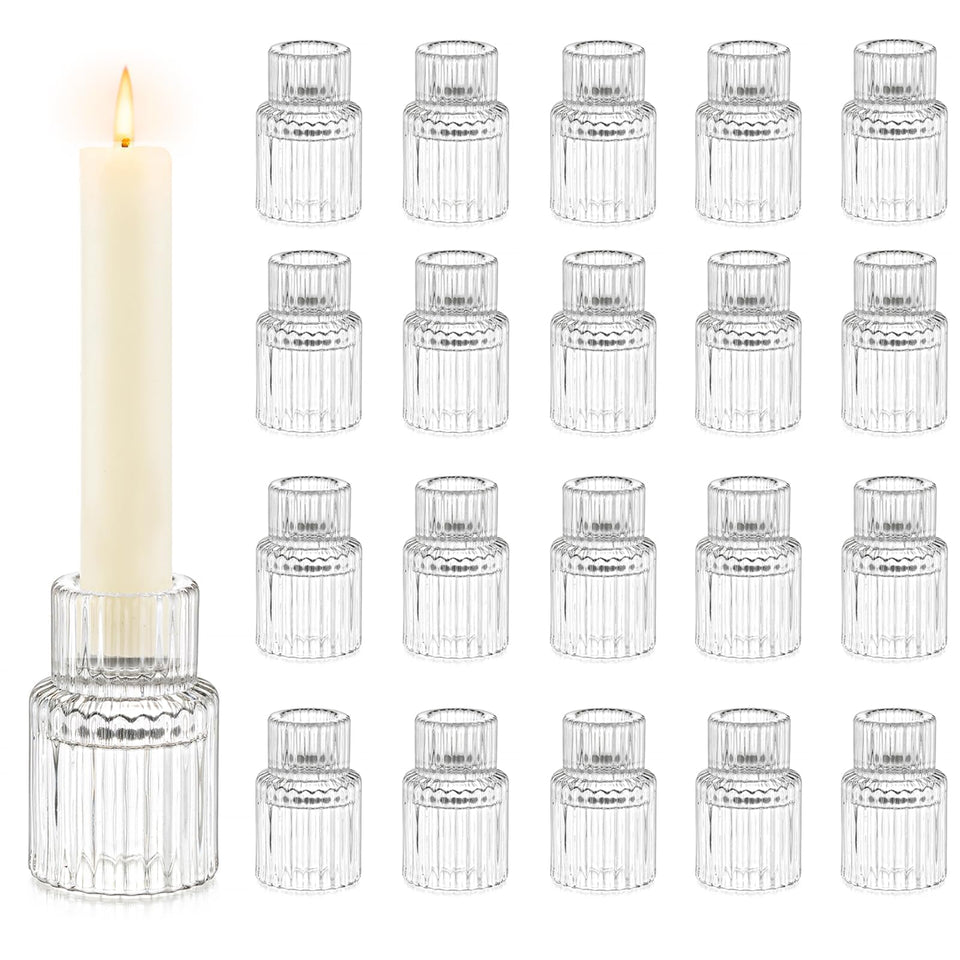 Hewory clear ribbed glass candle holder front view for elegant table decor and soft reflections.