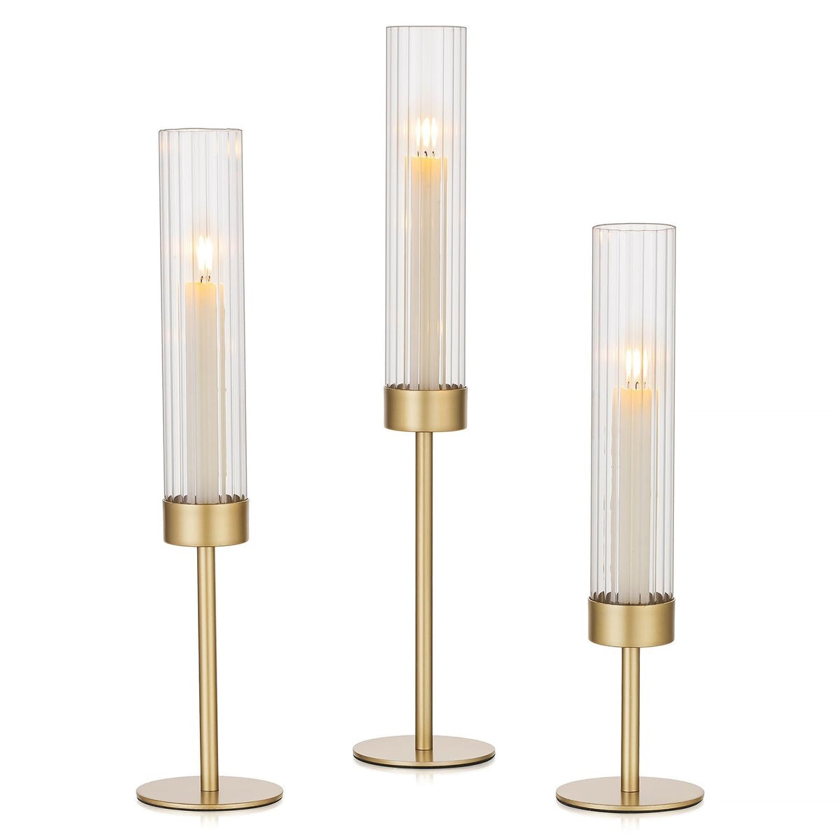 Hewory Gold hurricane candle holders base view showing stable weighted base for table use