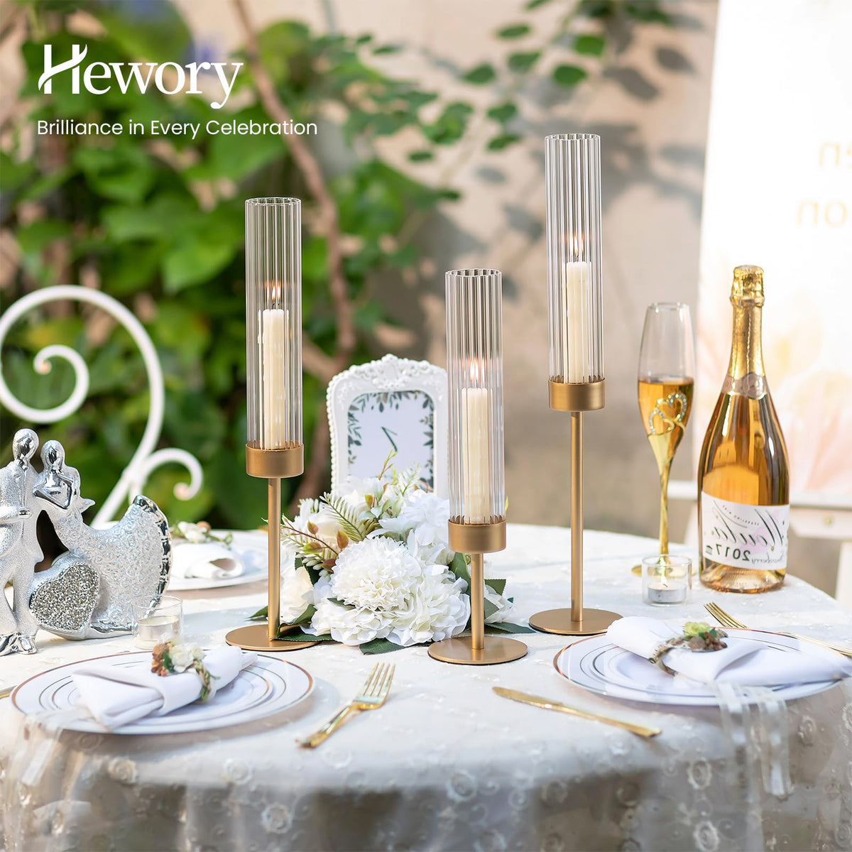 Hewory Gold hurricane candle holders ribbed glass detail enhances warm candle glow
