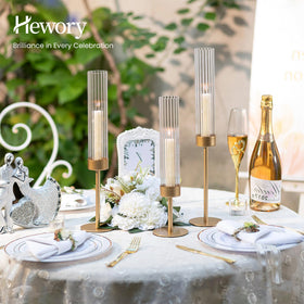 Hewory Gold hurricane candle holders ribbed glass detail enhances warm candle glow