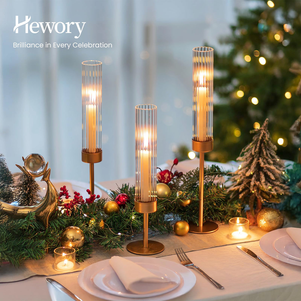 Hewory Gold hurricane candle holders three heights display elegant vertical variety for centerpiece design