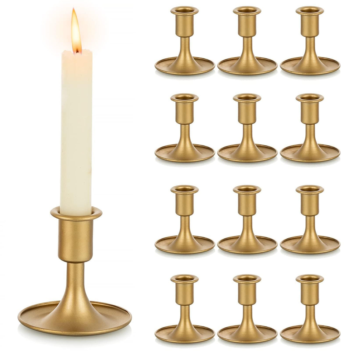 Hewory gold taper candle holder set of 12 on a dining table for an elegant centerpiece
