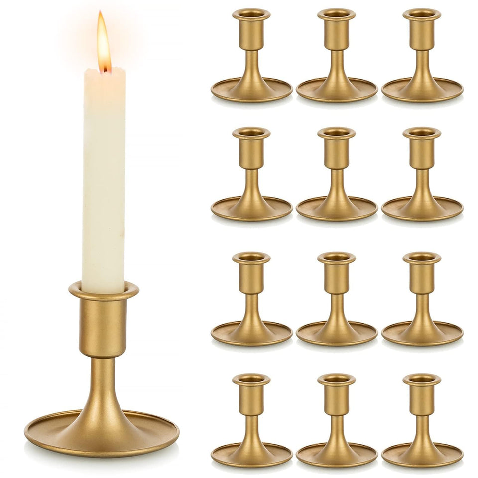 Hewory gold taper candle holder set of 12 on a dining table for an elegant centerpiece