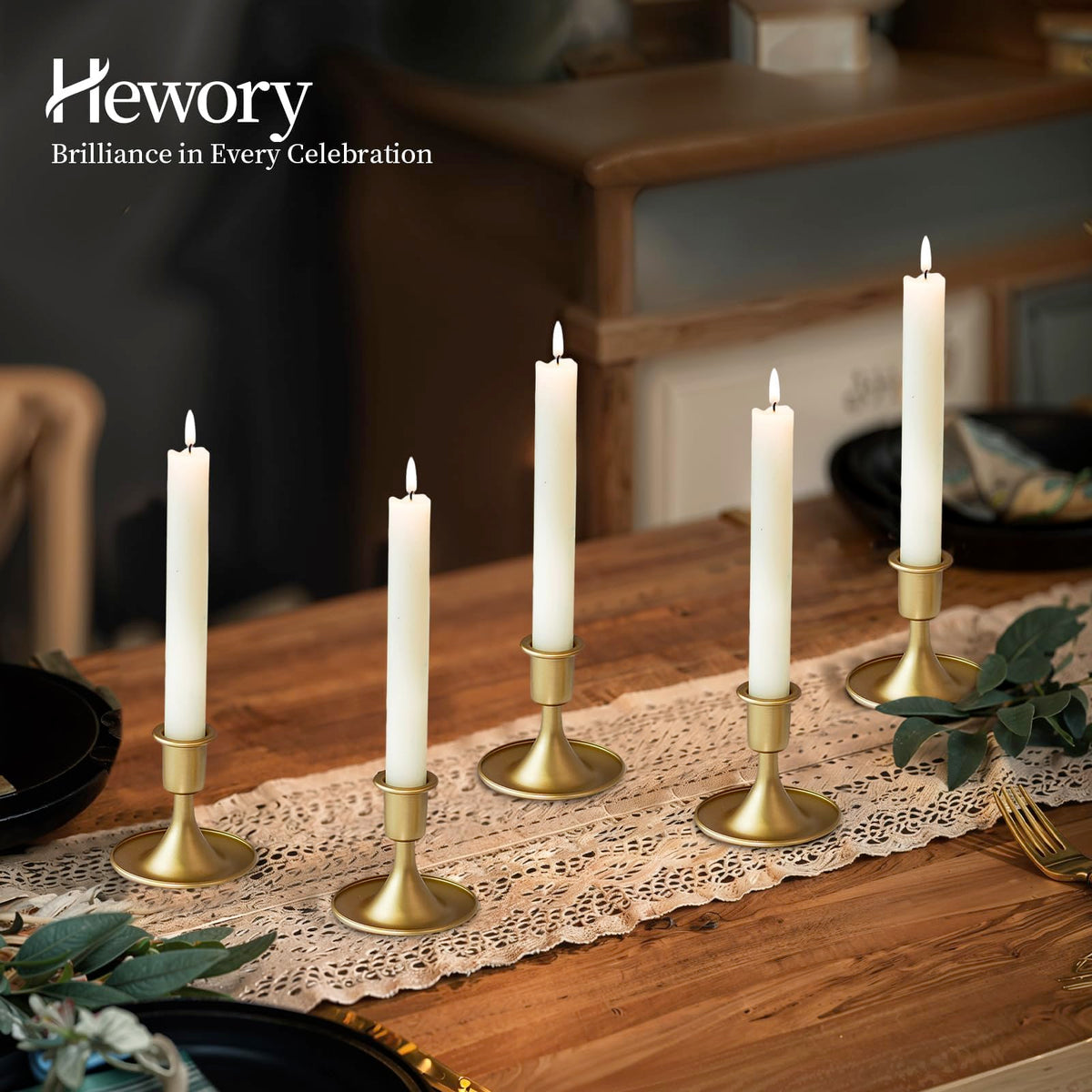 Hewory holiday table candlesticks adding warm glow to Christmas dinners