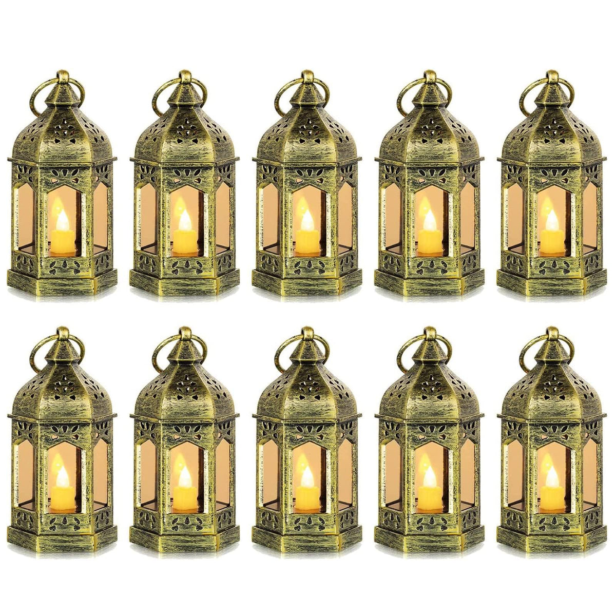 Hewory mini lantern gold hexagonal with flickering LED candle for cozy ambience.