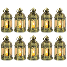 Hewory mini lantern gold hexagonal with flickering LED candle for cozy ambience.