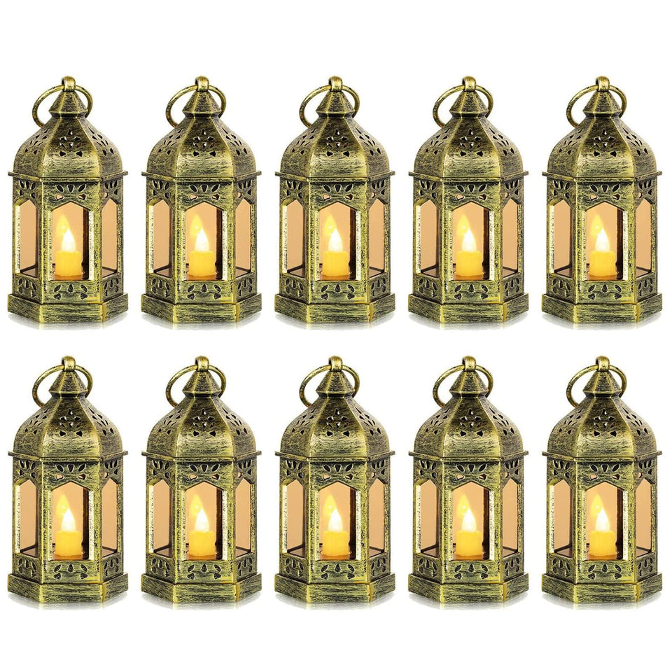 Hewory mini lantern gold hexagonal with flickering LED candle for cozy ambience.