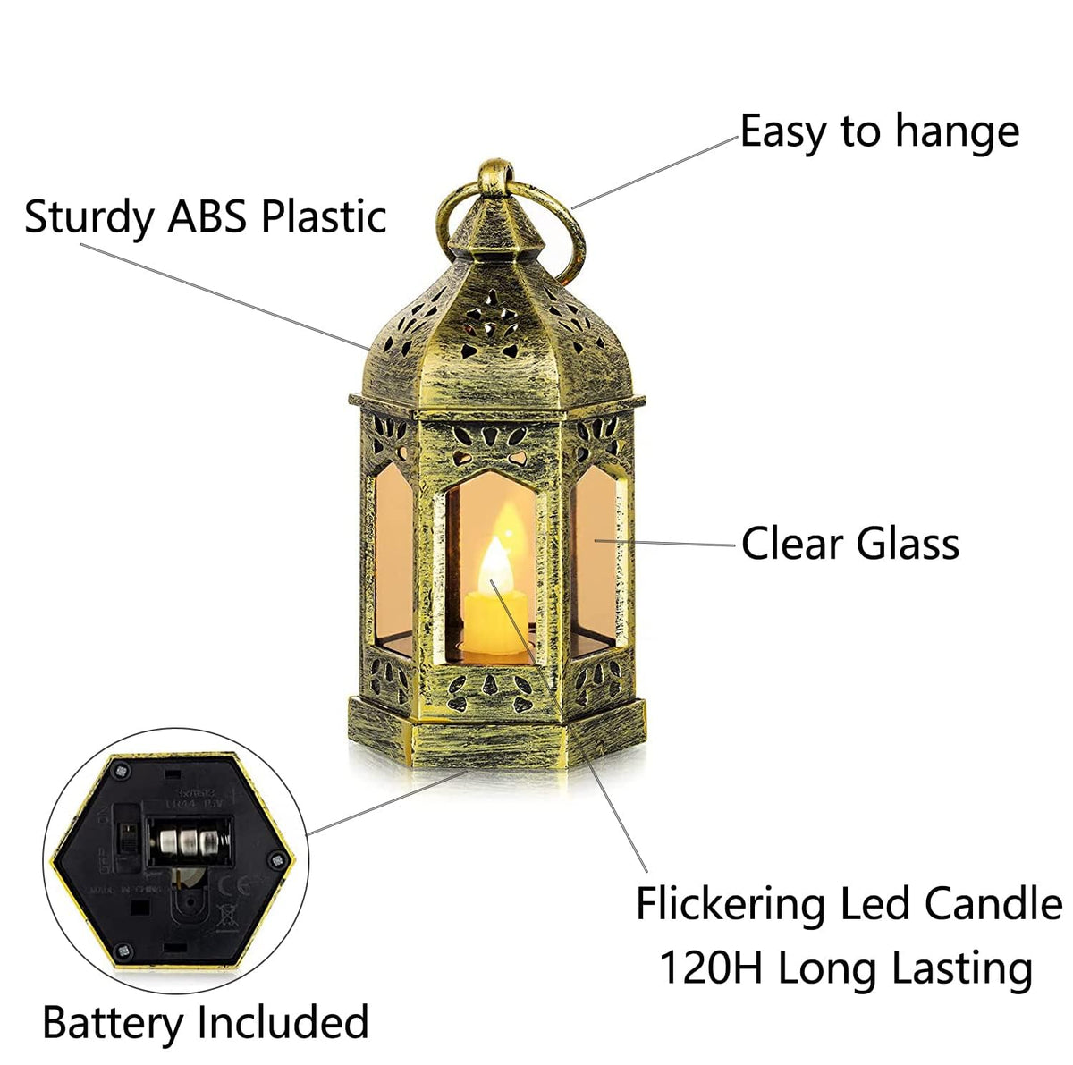 Hewory gold Moroccan-style lanterns create safe warmth on dining tables.