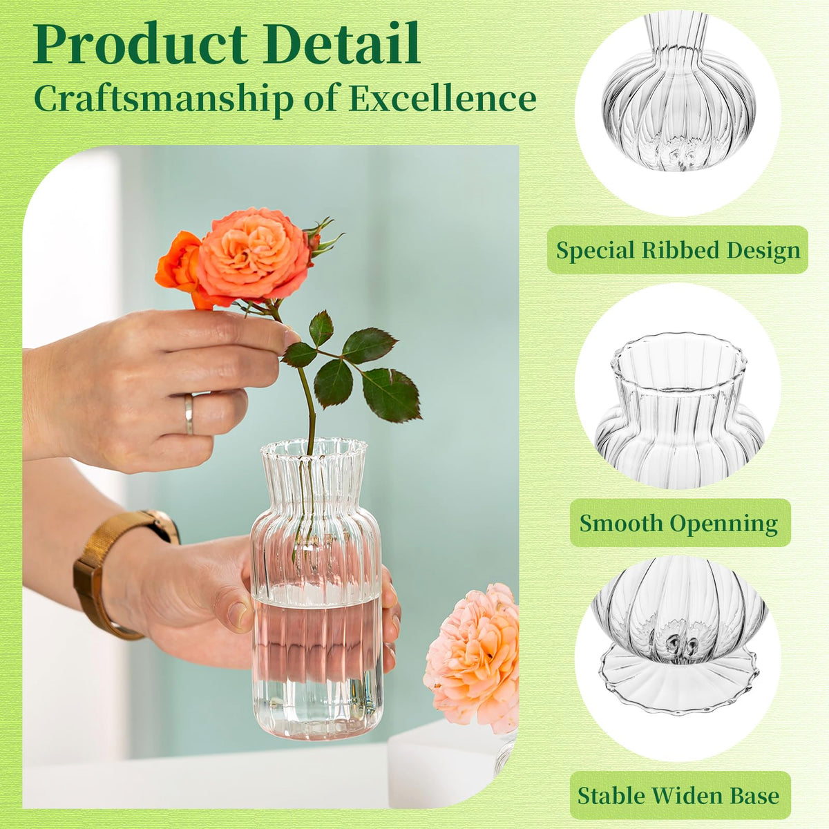 Hewory glass bud vases, delicate yet stable bases for flower arrangements.